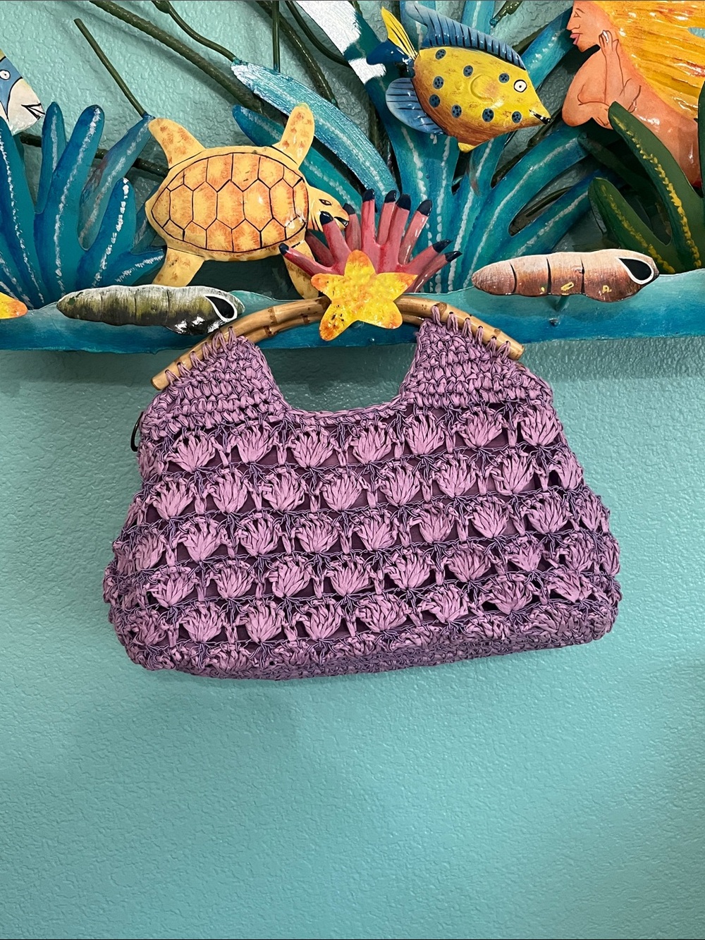 Purple Crochet Bamboo-Handle Shoulder Bag